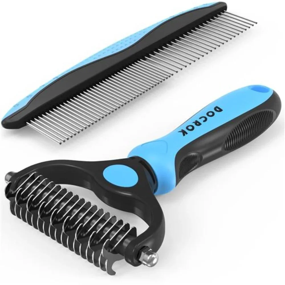 Pet Grooming Brush and Metal Comb Combo, Cat Brush Dog Brush for Shedding